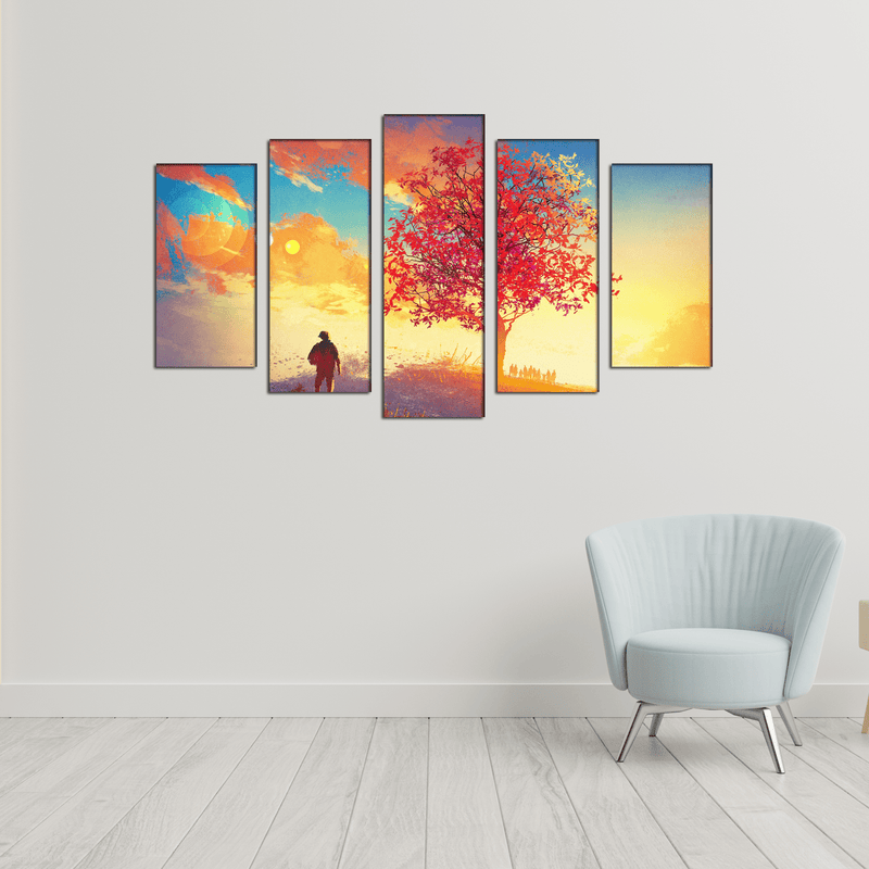 DECORGLANCE Sunrise Tree Scenery Canvas Wall Painting - With 5 Frames