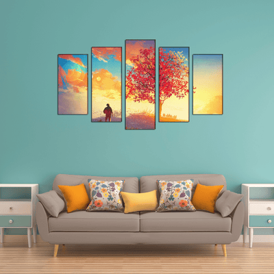 DECORGLANCE Sunrise Tree Scenery Canvas Wall Painting - With 5 Frames