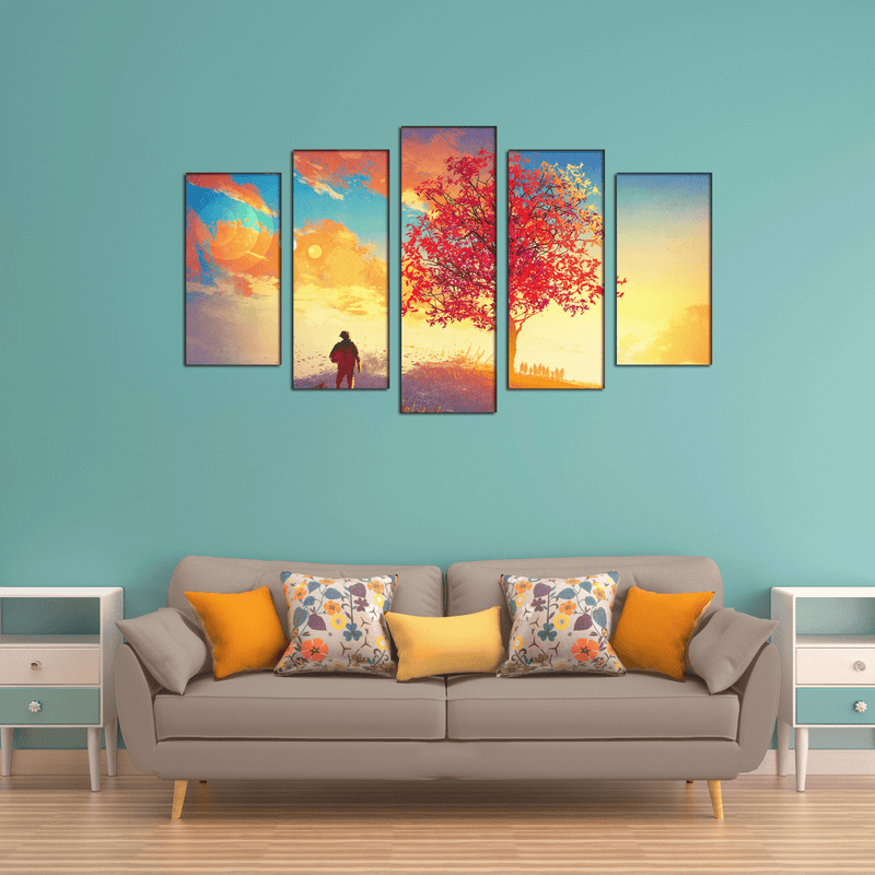 DECORGLANCE Sunrise Tree Scenery Canvas Wall Painting - With 5 Frames