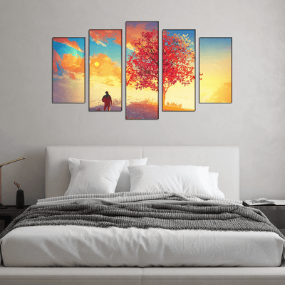 DECORGLANCE Sunrise Tree Scenery Canvas Wall Painting - With 5 Frames