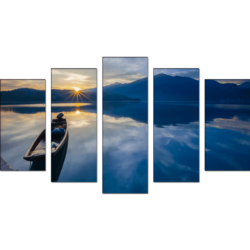 DECORGLANCE Sunset and Boat Canvas Wall Painting- With 5 Frames