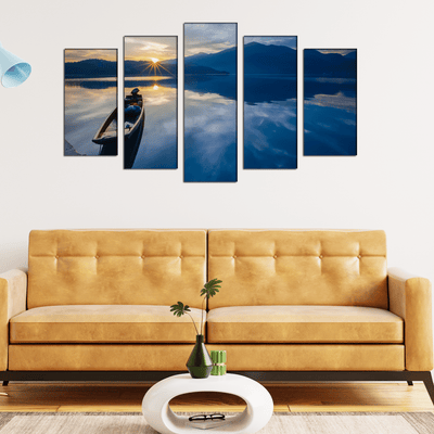 DECORGLANCE Sunset and Boat Canvas Wall Painting- With 5 Frames