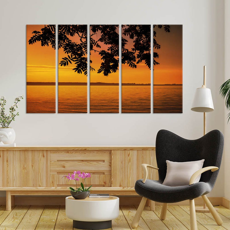 DecorGlance Sunset River View Canvas Wall Painting - With 5 Panel
