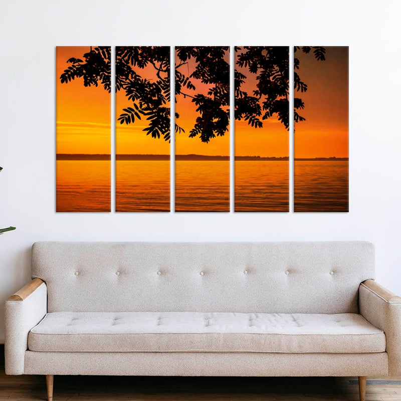 DecorGlance Sunset River View Canvas Wall Painting - With 5 Panel