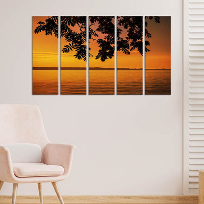DecorGlance Sunset River View Canvas Wall Painting - With 5 Panel