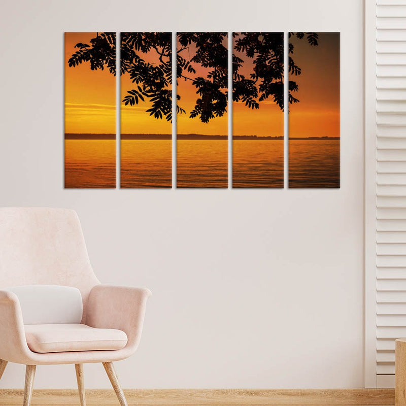 DecorGlance Sunset River View Canvas Wall Painting - With 5 Panel