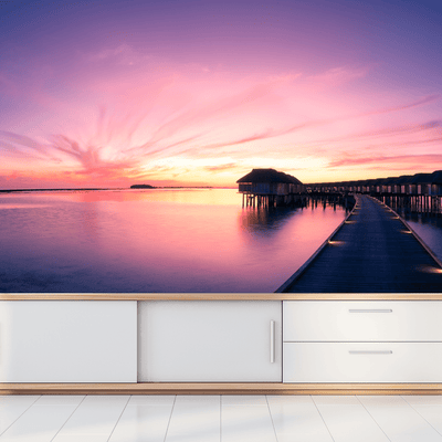 DECORGLANCE Sunset View Of Sea & Bridge Digitally Painting Wallpaper