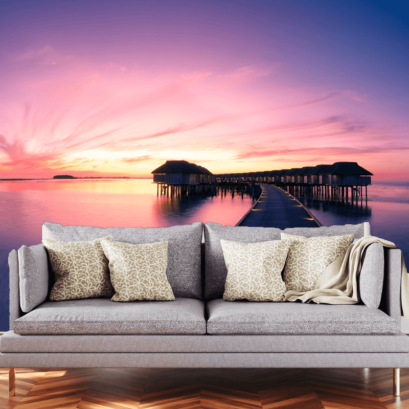 DECORGLANCE Sunset View Of Sea & Bridge Digitally Painting Wallpaper