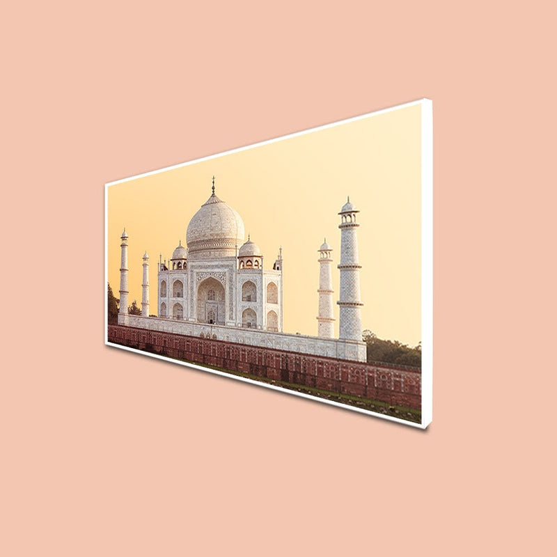 DecorGlance CANVAS PRINT WHITE FLOATING FRAME / (48x24) Inch / (121x60) Cm Taj Mahal Front View Canvas Floating Frame Wall Painting
