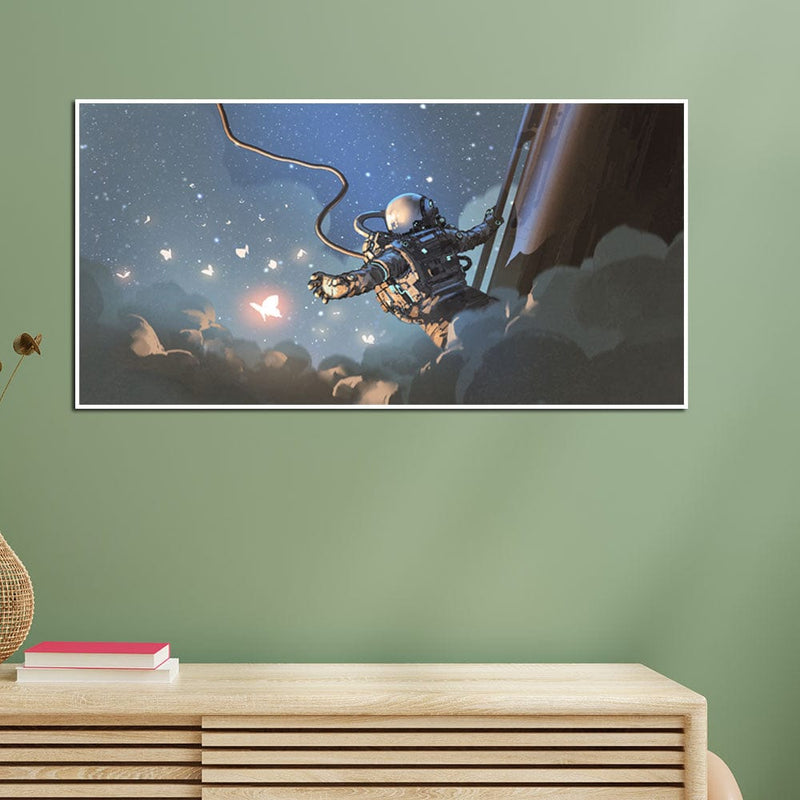 DecorGlance The Astronaut Catching The Glowing Butterflies Floating Frame Canvas Wall Painting