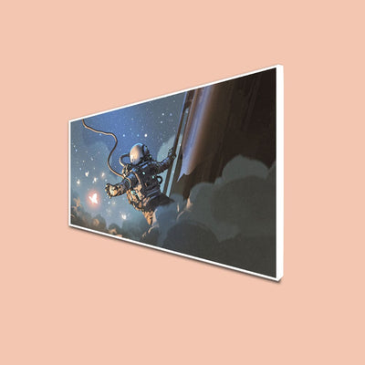 DecorGlance CANVAS PRINT WHITE FLOATING FRAME / (48x24) Inch / (121x60) Cm The Astronaut Catching The Glowing Butterflies Floating Frame Canvas Wall Painting