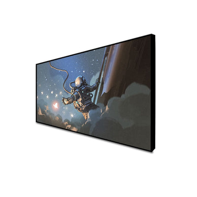 DecorGlance CANVAS PRINT BLACK FLOATING FRAME / (48x24) Inch / (121x60) Cm The Astronaut Catching The Glowing Butterflies Floating Frame Canvas Wall Painting