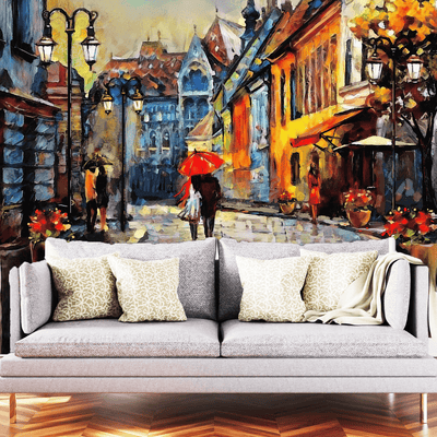 DECORGLANCE Town Street Artistic View Digitally Painting Wallpaper