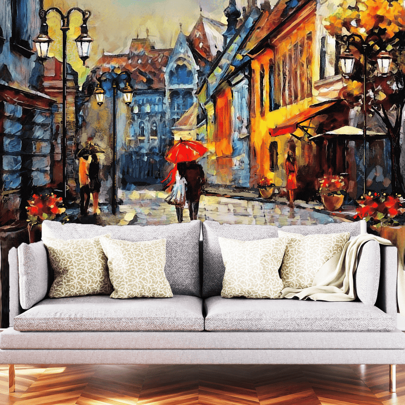 DECORGLANCE Town Street Artistic View Digitally Painting Wallpaper