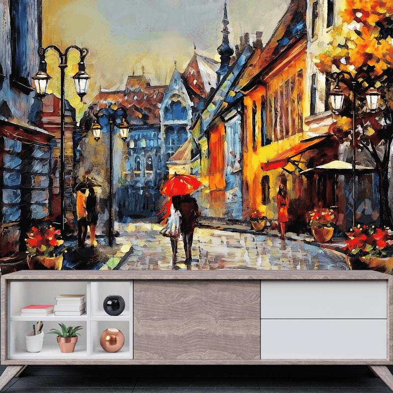 DECORGLANCE Town Street Artistic View Digitally Painting Wallpaper