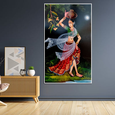DecorGlance Traditional Indian Girl Canvas Floating Frame Wall Painting