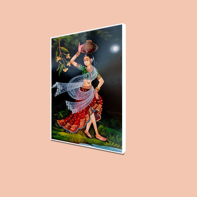 DecorGlance CANVAS PRINT WHITE FLOATING FRAME / (48x24) Inch / (121x60) Cm Traditional Indian Girl Canvas Floating Frame Wall Painting