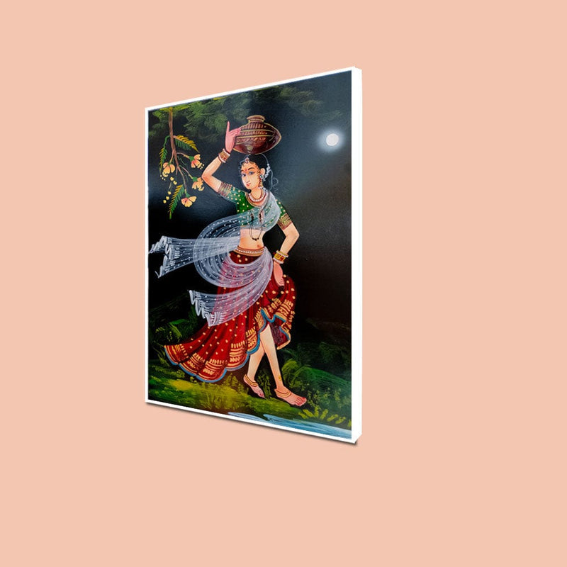 DecorGlance CANVAS PRINT WHITE FLOATING FRAME / (48x24) Inch / (121x60) Cm Traditional Indian Girl Canvas Floating Frame Wall Painting