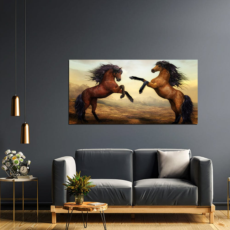 DecorGlance Two Horses Dancing On Desert Canvas Wall Painting