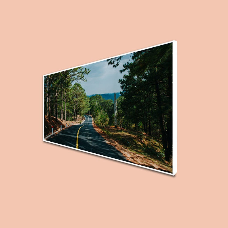 DecorGlance CANVAS PRINT WHITE FLOATING FRAME / (48 X 24) Inch / (121x60) Cm View Of A Long Road With Trees Canvas Floating Frame Wall Painting