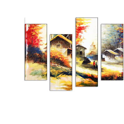 DECORGLANCE Village Scenery Abstract Art Canvas  Wall Painting - With 5 Frames