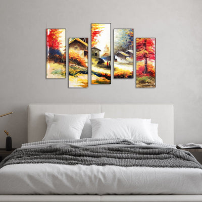 DECORGLANCE Village Scenery Abstract Art Canvas  Wall Painting - With 5 Frames