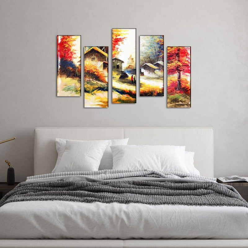 DECORGLANCE Village Scenery Abstract Art Canvas  Wall Painting - With 5 Frames