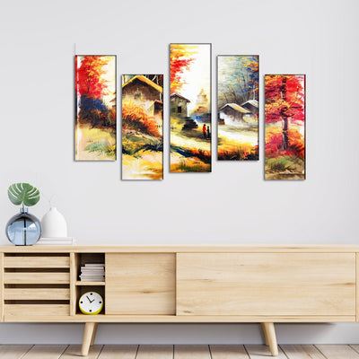 DECORGLANCE Village Scenery Abstract Art Canvas  Wall Painting - With 5 Frames