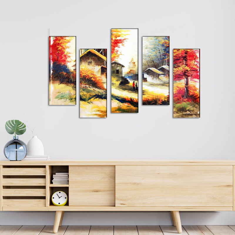 DECORGLANCE Village Scenery Abstract Art Canvas  Wall Painting - With 5 Frames