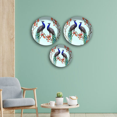 DecorGlance Wall accent Pair of Peacock Wall Plates Painting Set of Three
