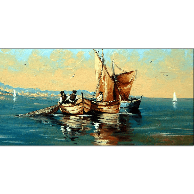 DECORGLANCE wall painting Oil Color Boat & River View Canvas Wall Painting