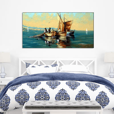 DECORGLANCE wall painting Oil Color Boat & River View Canvas Wall Painting