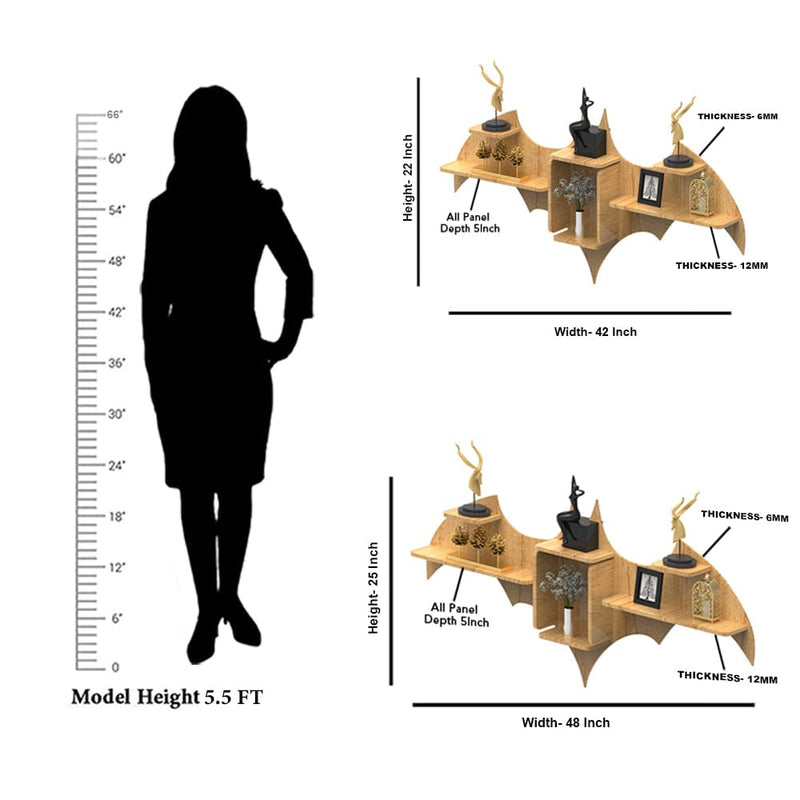 DecorGlance Wall Shelf Bat Shape Wood Wall Shelf | Book Shelf | Oak Finish