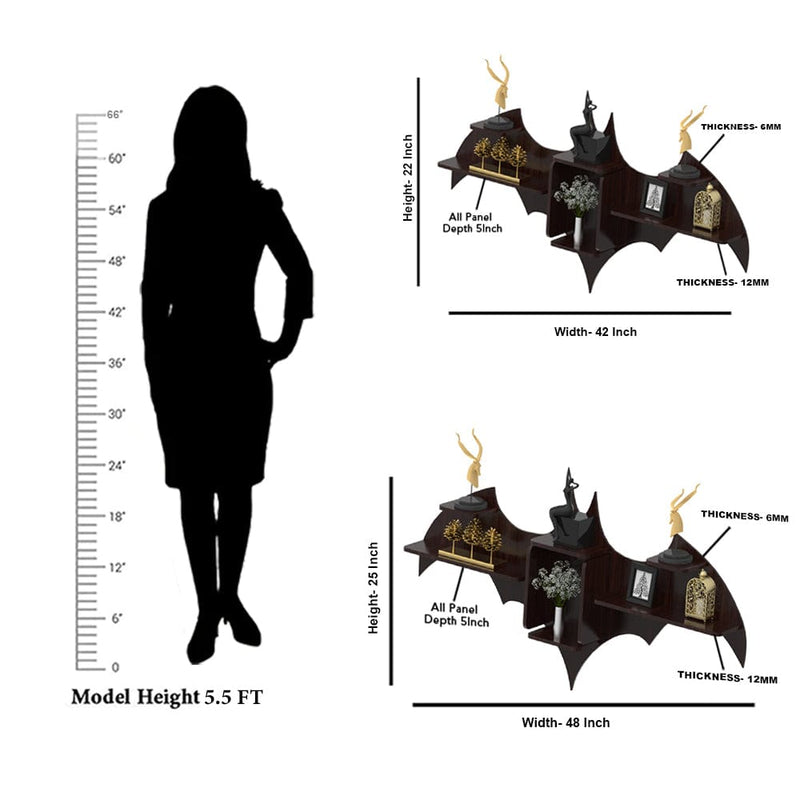 DecorGlance Wall Shelf Bat shape Wood Wall Shelf | Book Shelf | Walnut Wood