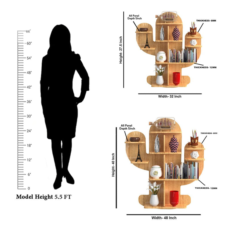 DecorGlance Wall Shelf Cactus Shape Wood Wall Shelf / Book Shelf, Oak Finish