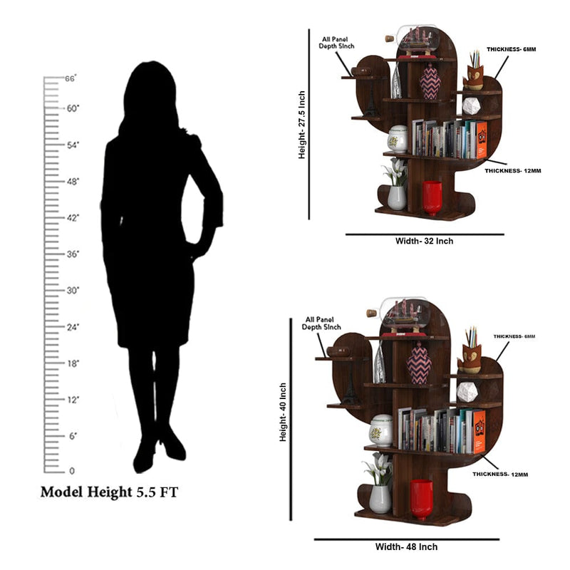 DecorGlance Wall Shelf Cactus Shape Wood Wall Shelf / Book Shelf, Walnut Finish
