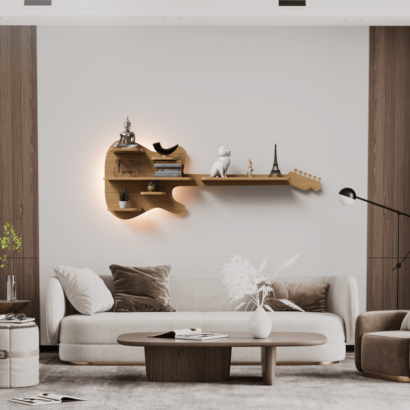 DecorGlance Wall Shelf Regular (40 inches X 15 Inches) / BACKLIT Guitar shape Wood Wall Shelf | Book Shelf | Oak Wood