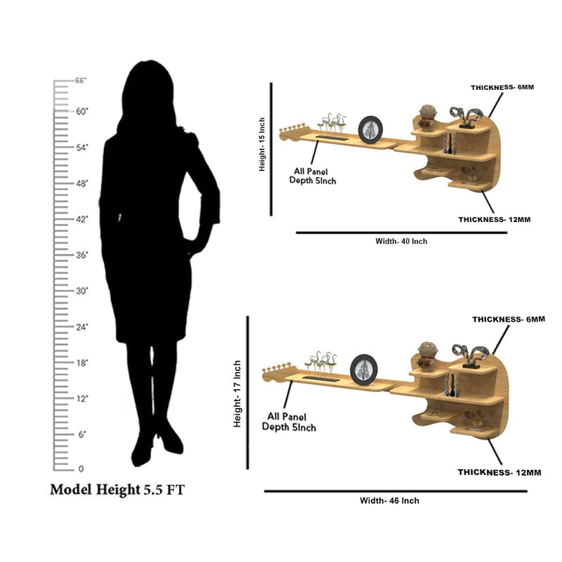 DecorGlance Wall Shelf Guitar shape Wood Wall Shelf | Book Shelf | Oak Wood