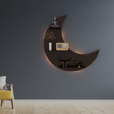 DecorGlance Wall Shelf Regular (42 inches X 42 Inches) / BACKLIT Half Moon Shape Wood Wall Shelf/ Book Shelf/  Walnut Wood