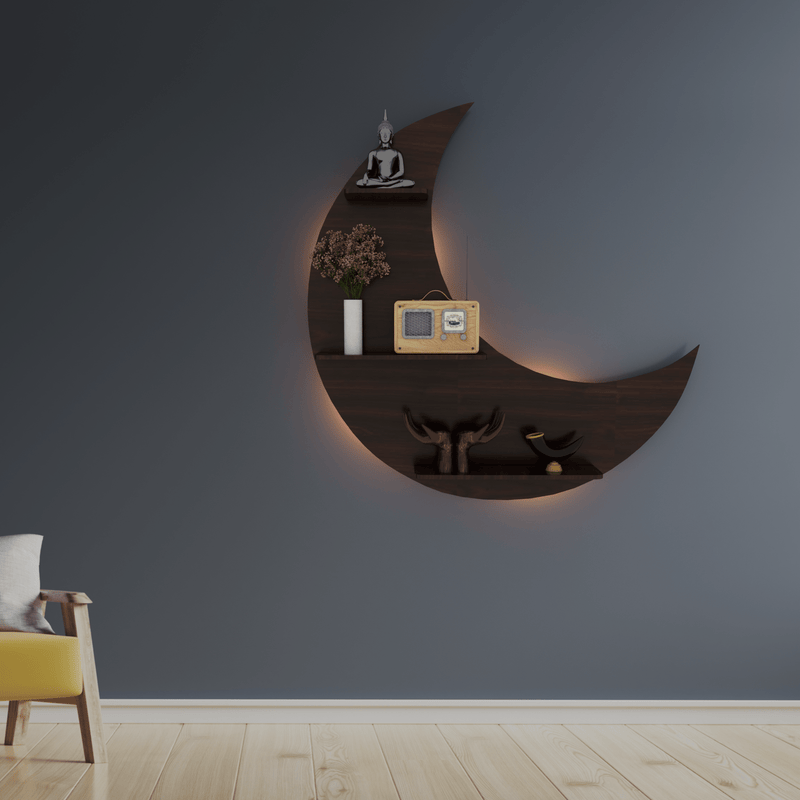 DecorGlance Wall Shelf Regular (42 inches X 42 Inches) / BACKLIT Half Moon Shape Wood Wall Shelf/ Book Shelf/  Walnut Wood