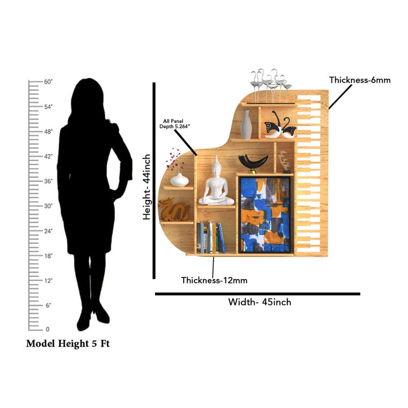 DecorGlance Wall Shelf Regular (45 inches X 44 Inches) Piano shape Wood Wall Shelf / Book Shelf /  Oak Wood