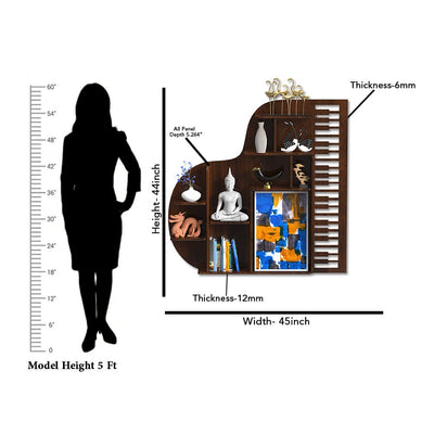 DecorGlance Wall Shelf Regular (45 inches X 44 Inches) Piano shape Wood Wall Shelf / Book Shelf /  Walnut Wood