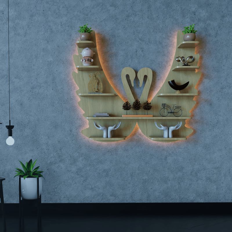 DecorGlance Wall Shelf Regular (33 inches X 38 Inches) / BACKLIT Swan shape Wood Wall Shelf / Book Shelf /  Oak Wood