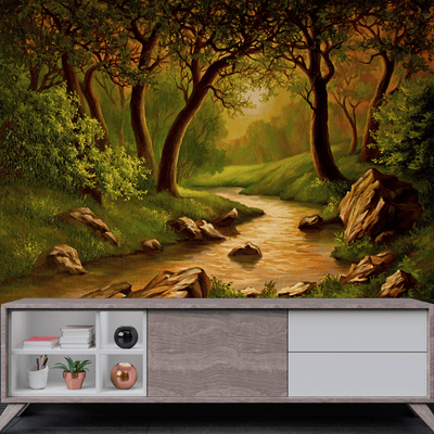 DecorGlance Wallpaper Oil Color Forest Scenery Art Digitally Printed Wallpaper