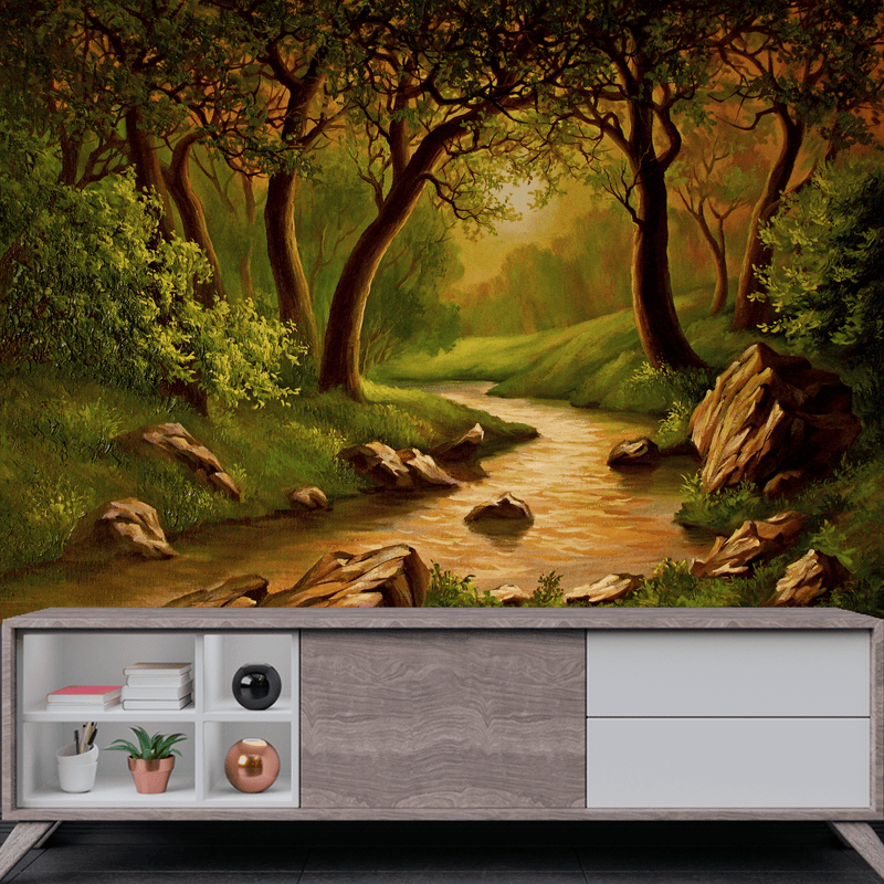 DecorGlance Wallpaper Oil Color Forest Scenery Art Digitally Printed Wallpaper