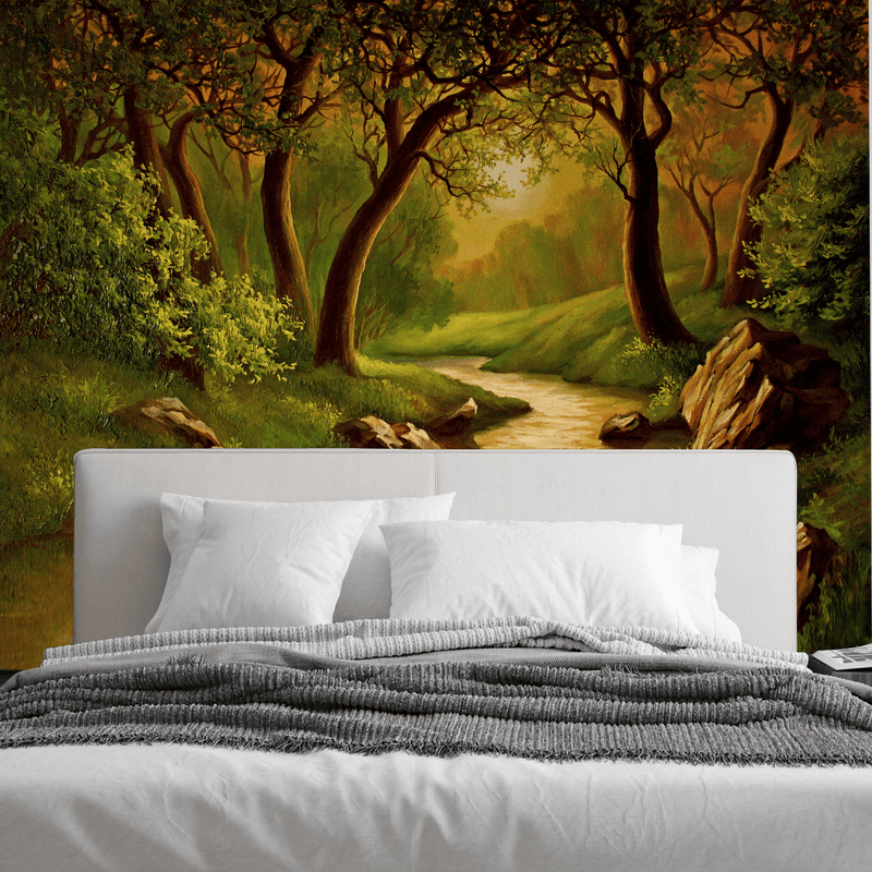 DecorGlance Wallpaper Oil Color Forest Scenery Art Digitally Printed Wallpaper