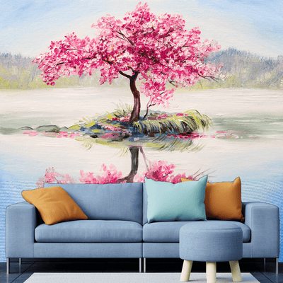 DecorGlance Wallpaper Pink Flowers Tree Abstract Art Digitally Printed Wallpaper