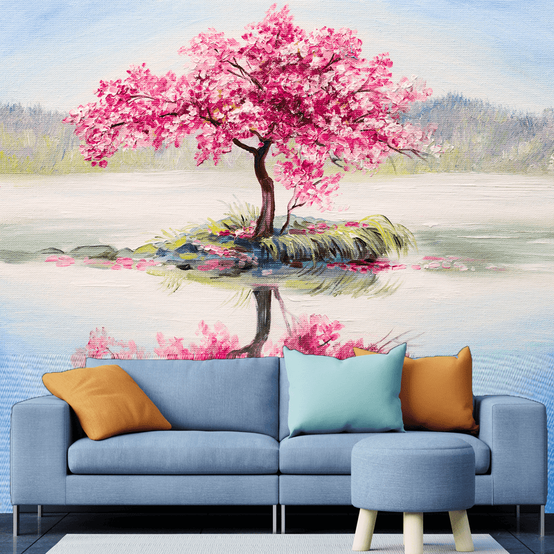 DecorGlance Wallpaper Pink Flowers Tree Abstract Art Digitally Printed Wallpaper