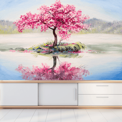 DecorGlance Wallpaper Pink Flowers Tree Abstract Art Digitally Printed Wallpaper