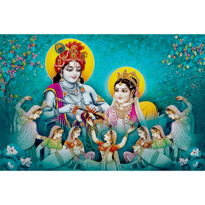 DecorGlance Wallpaper Radha Krishna Enjoying Gopis Dance Digitally Printed Wallpaper